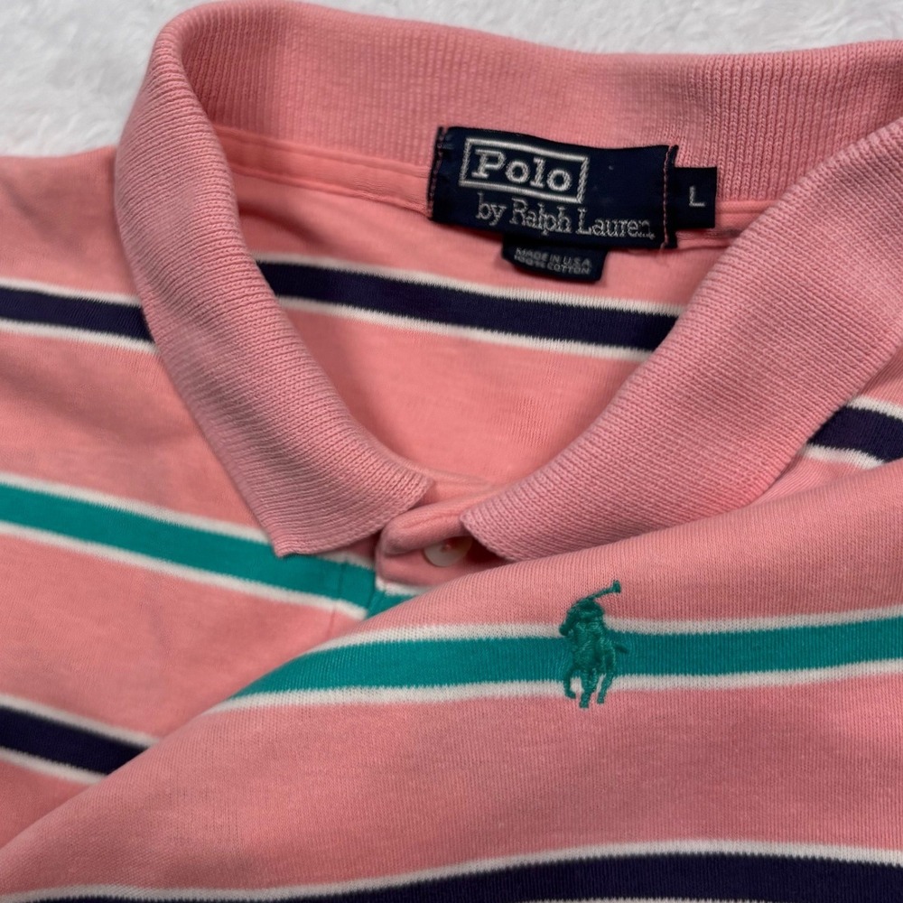 VTG 90s Polo Ralph Lauren Polo Shirt Men L (FIT M)Pink Stripe MADE USA Short Slv